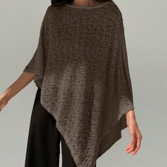 Brown Elegant Womens Off Shoulder Asymmetrical Hem Sheer Casual top - Picture 5 of 8